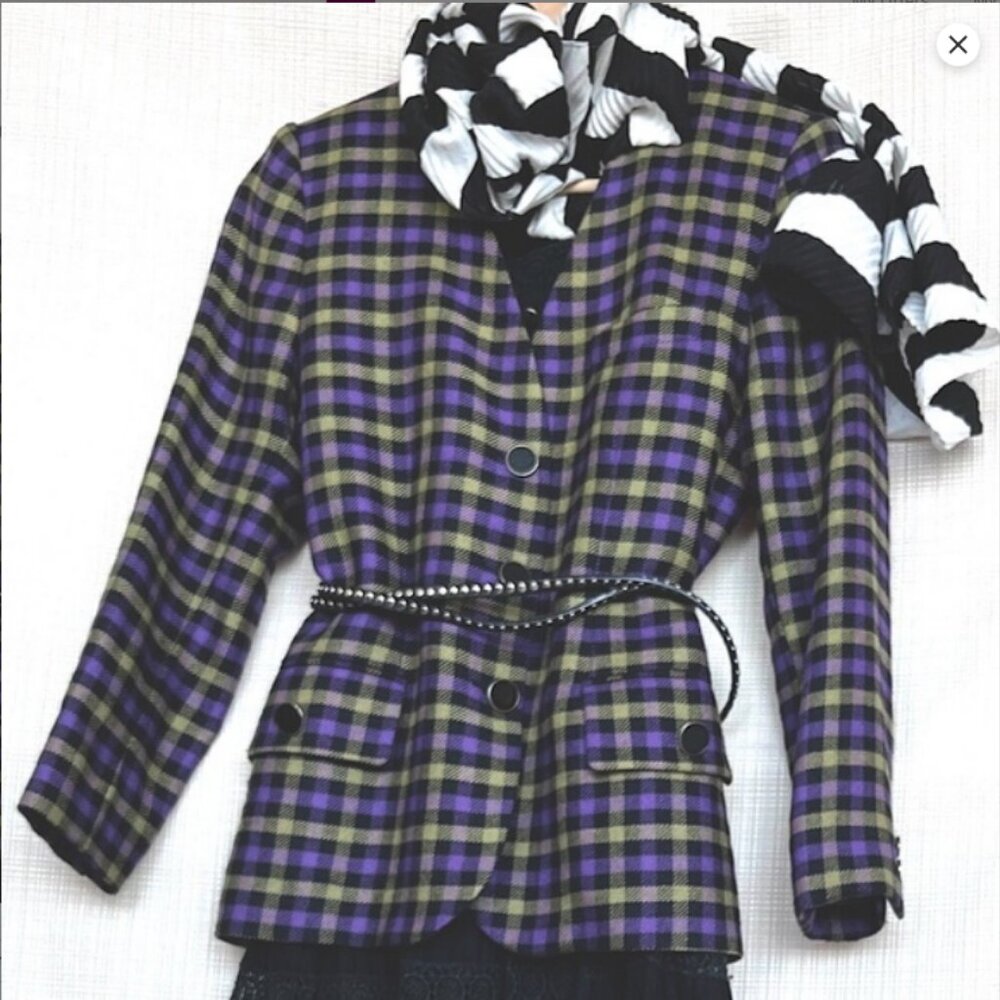 Vintage Purple Plaid  Tweed Jacket Purple Blazer Wool 1990s Purple Plaid Purple